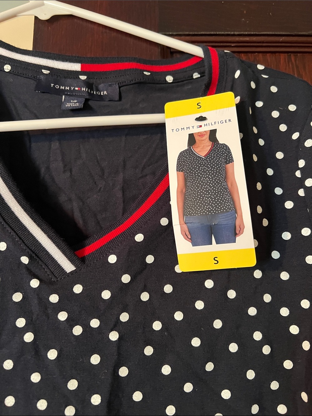Tommy Hilfiger Navy & White Polka Dot V-Neck Tee with Red Trim